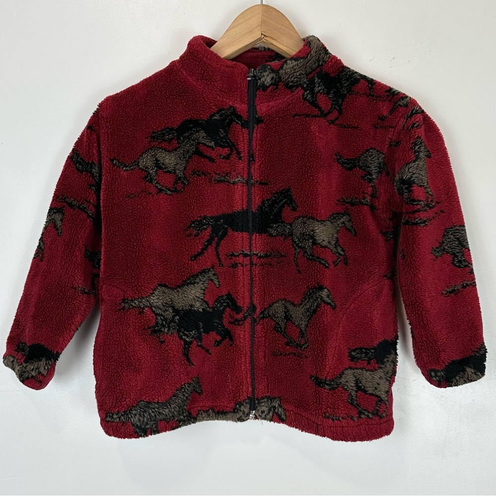 Vtg Kids Sz L Horse Print Sherpa Fleece Zip Up Jacket Red Plush Western Coat 90S